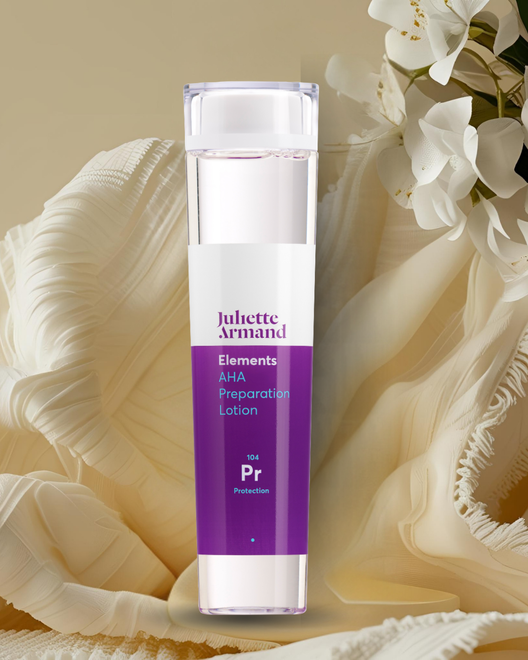 Skincare bottle labeled 'Juliette Armand on a decorative background with flowers.