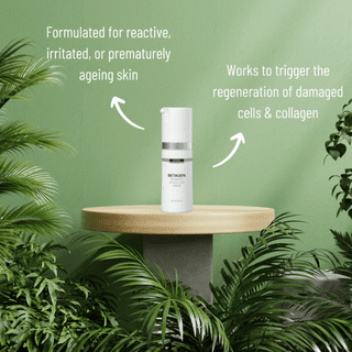 DMK Betagen bottle displayed on a wooden stand with botanical greenery and product information