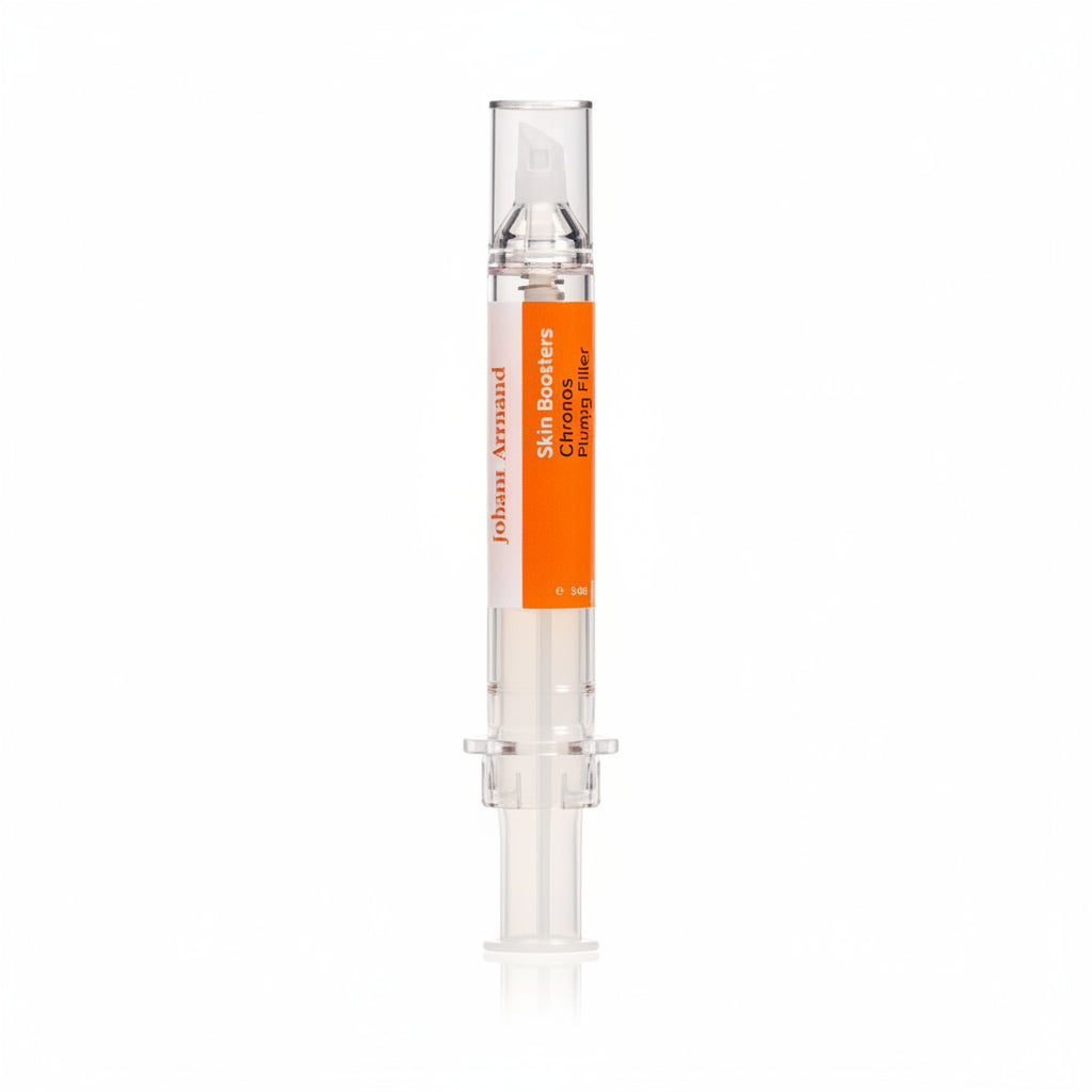 Juliette Armand Chronos Hydra Filler Gel – hyaluronic wrinkle filler Skincare serum with orange cap and white body on a white background