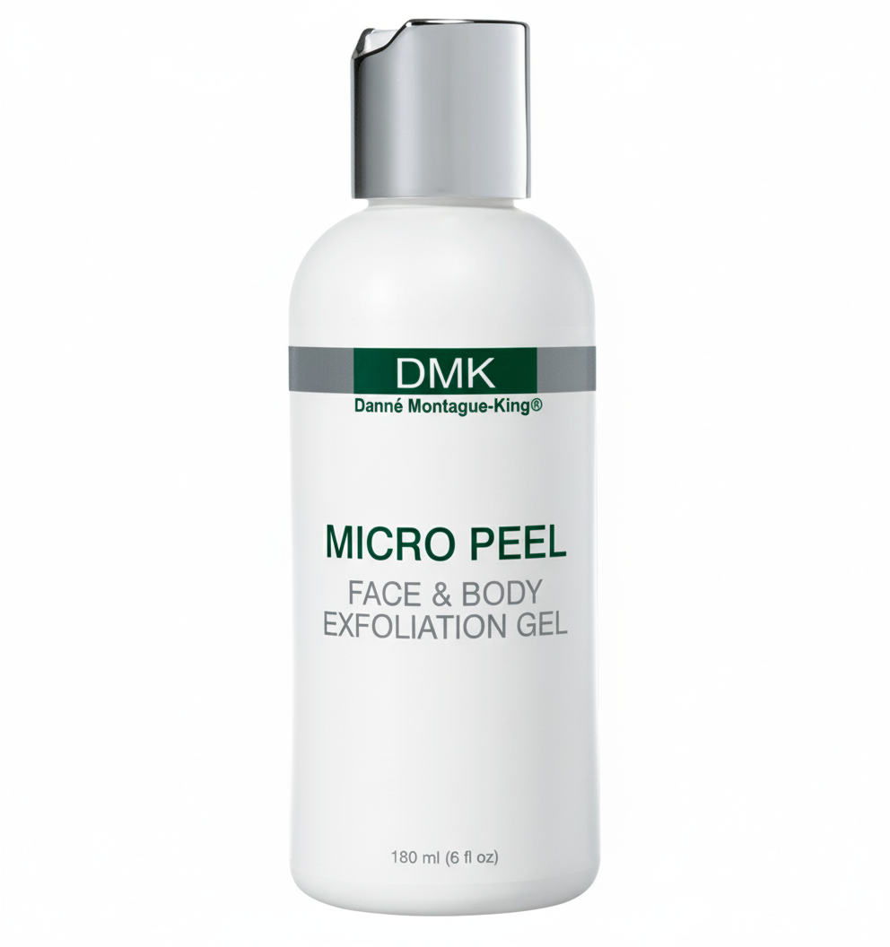 A bottle of DMK Micro Peel exfoliation gel for face and body.