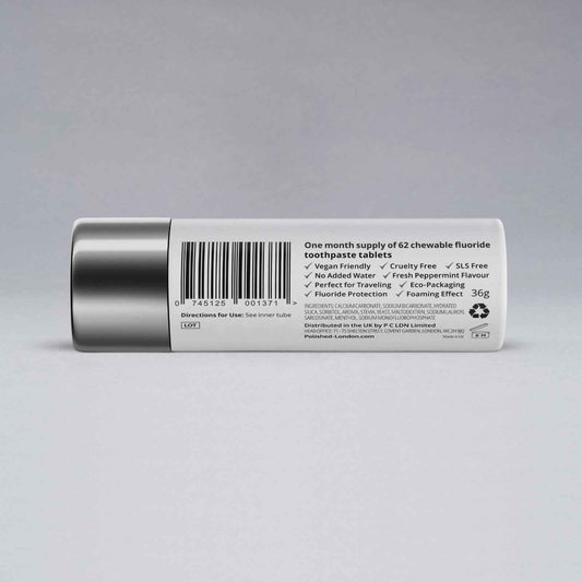 Polished London Toothpaste Tablets packaging showing ingredients and 62-tablet count