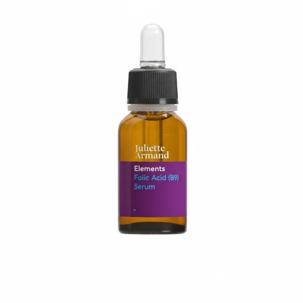 A bottle of Juliette Armand Folic Acid (B9) Serum with a dropper cap.