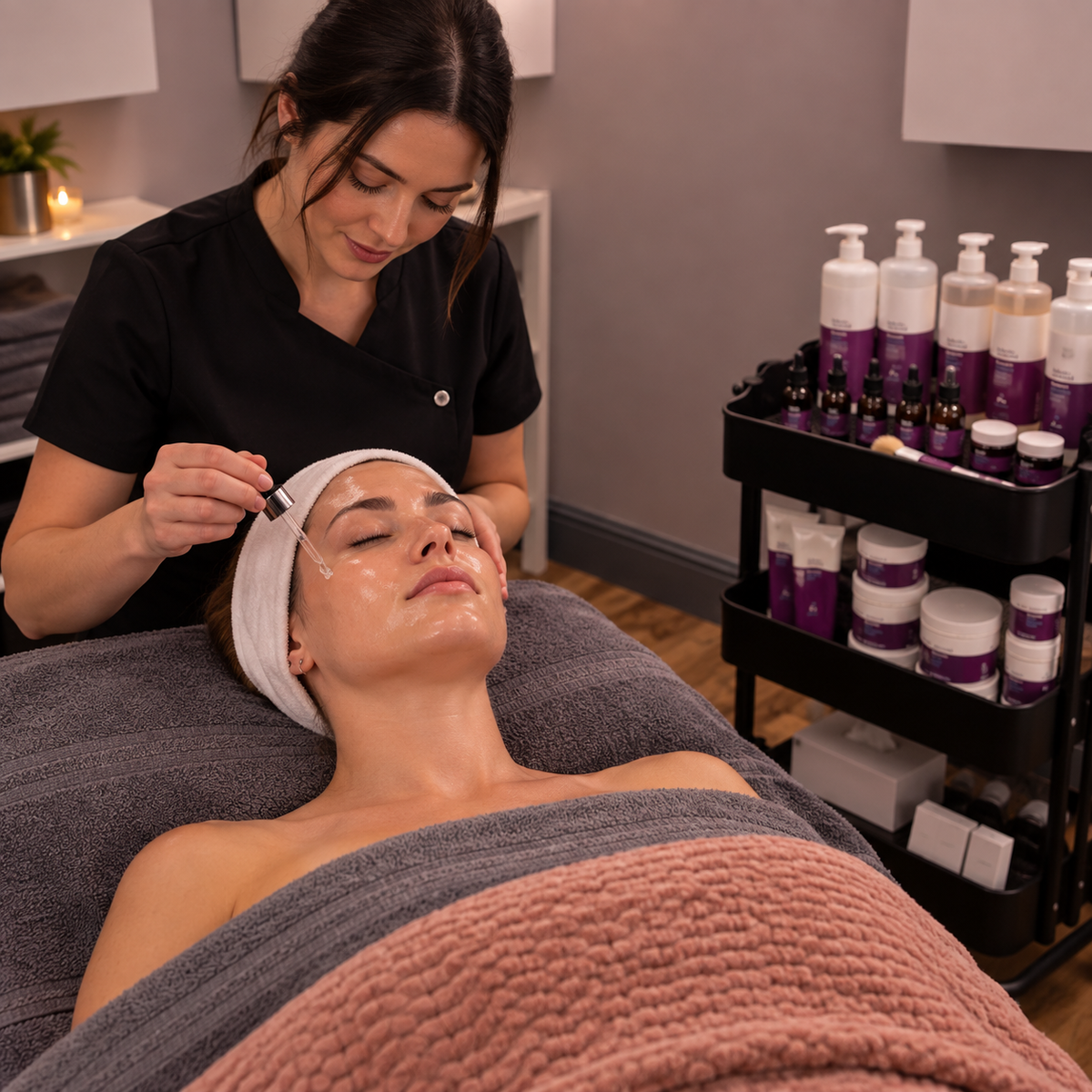 A spa treatment scene with a therapist applying a facial dropper product to a woman's face while she lies on a treatment bed. The room has gray walls, shelves, and a black rolling cart filled with purple-labeled skincare bottles and jars.