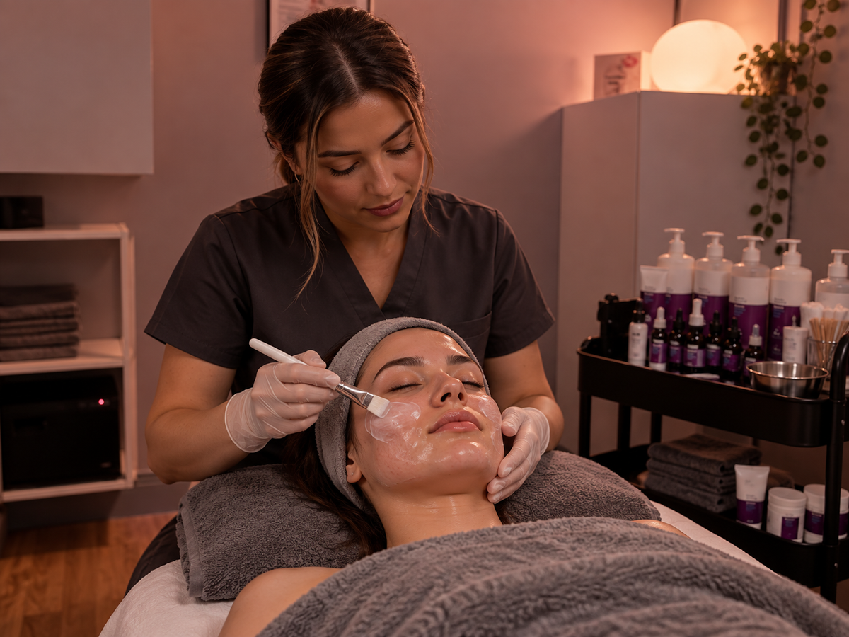 A facial skincare treatment in progress, with a therapist applying a white cream to a client's face using a brush. The therapist wears dark gray scrubs and white gloves, while the client lies on a treatment bed with a gray headband and blanket.