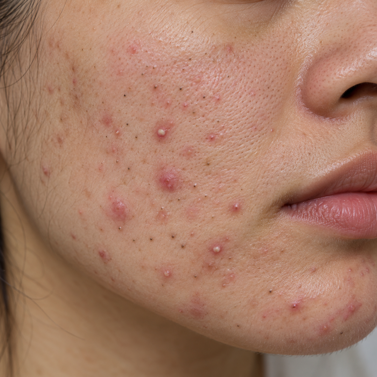 Close-up of a person's cheek and jawline showing active acne with red blemishes, blackheads, and pustules.