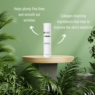 DMK Biogen C bottle on a wooden stand with greenery and product information