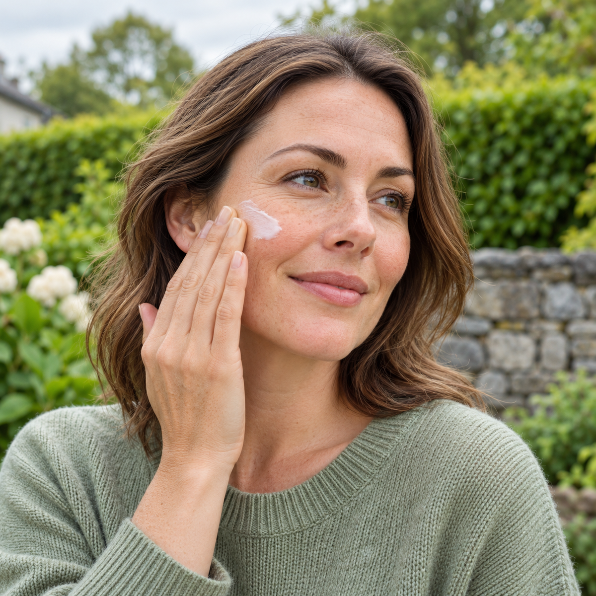 A woman outdoors in a green knit sweater applies white cream to her cheek. The background shows a blurred garden with green hedges and a stone wall.