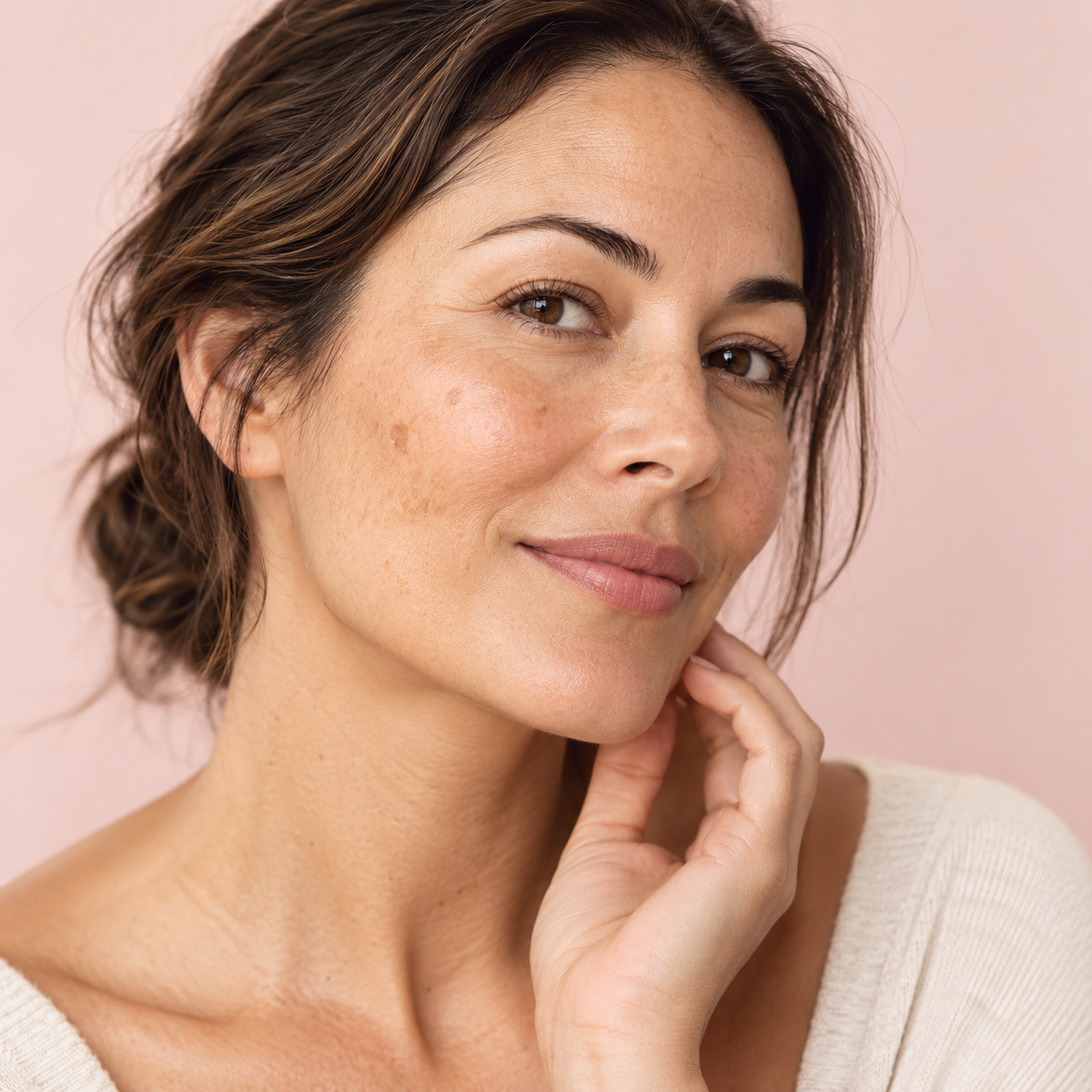 Woman with natural skin texture and visible pigmentation on her cheeks.