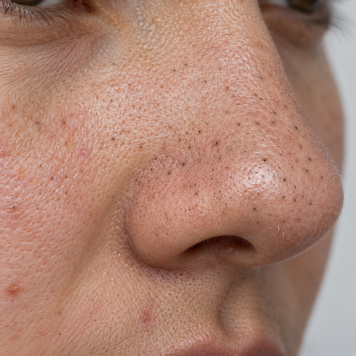 Extreme close-up of a person's nose and surrounding skin showing visible blackheads and pores, likely demonstrating a skincare or cosmetic result.