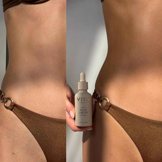 Model holding Vita Liberata Everyday Blur Drops beside bronzed body skin