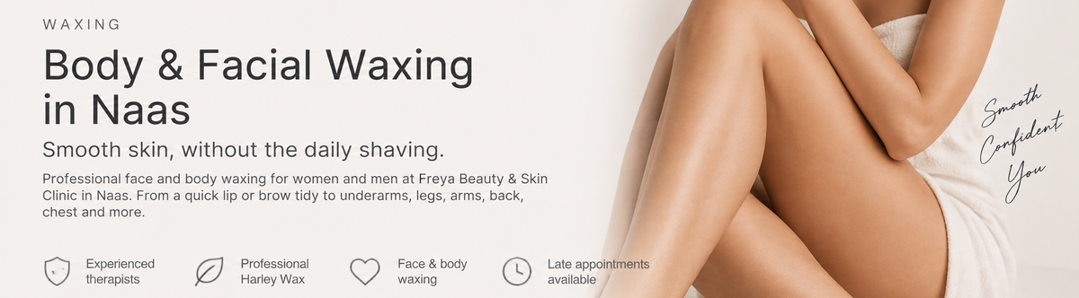 Promotional banner for 'Body & Facial Waxing in Naas' featuring a woman in a white robe on a light beige background with text and service icons.