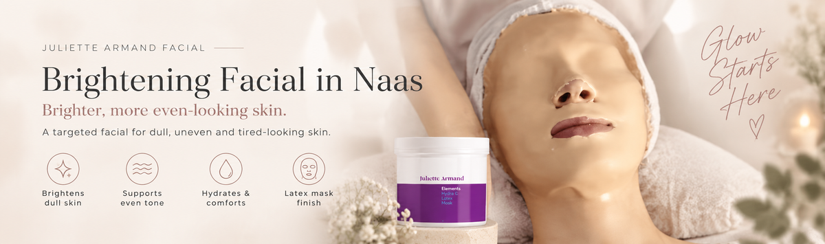 Brightening Facial in Naas jar shown in a beauty ad with a woman lying down wrapped in towels, alongside product text and icons on a warm beige background.