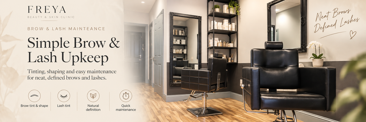 Promotional banner for Freya Brows & Lash Maintenance, showing a modern salon interior with a black salon chair, mirror, shelving, and text describing simple brow and lash upkeep.
