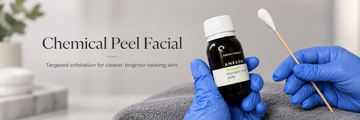 A person wearing blue gloves holds a small dark bottle labeled AMERICA Chemical Peel Facial next to a cotton swab, with large text reading 'Chemical Peel Facial' on a light gray background.