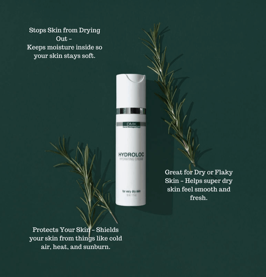 DMK Hydroloc Cream bottle with botanical sprigs and product information on a dark green background