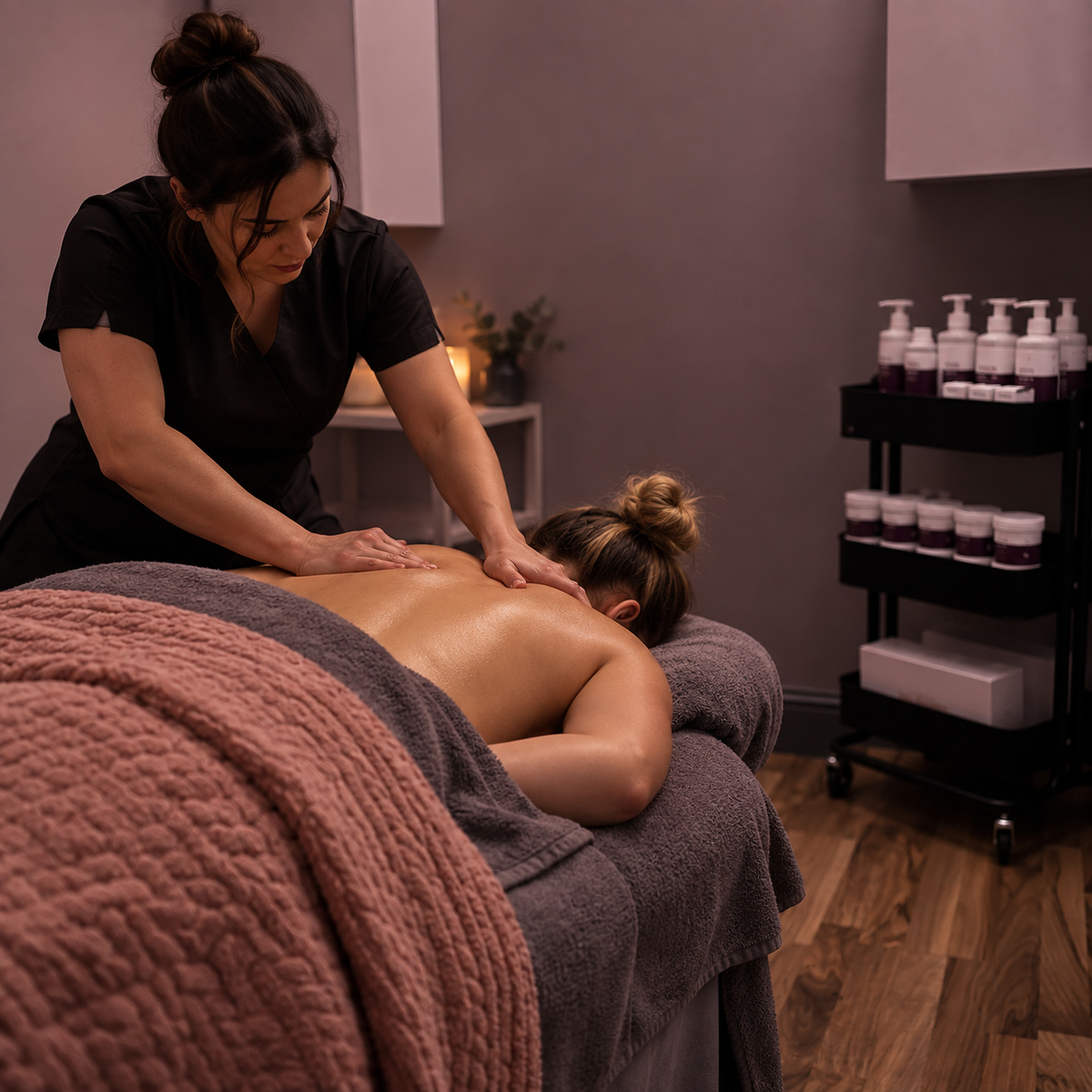 A massage therapist in a black uniform massages a client's back on a spa treatment table. The scene is set in a calm, dimly lit spa room with wooden floors, a pink blanket, and a cart stocked with bottles and jars.