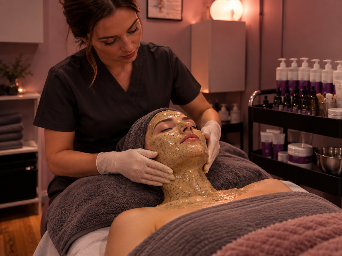 A spa treatment scene with a therapist applying a textured beige facial mask to a client lying on a treatment bed in a warmly lit salon.