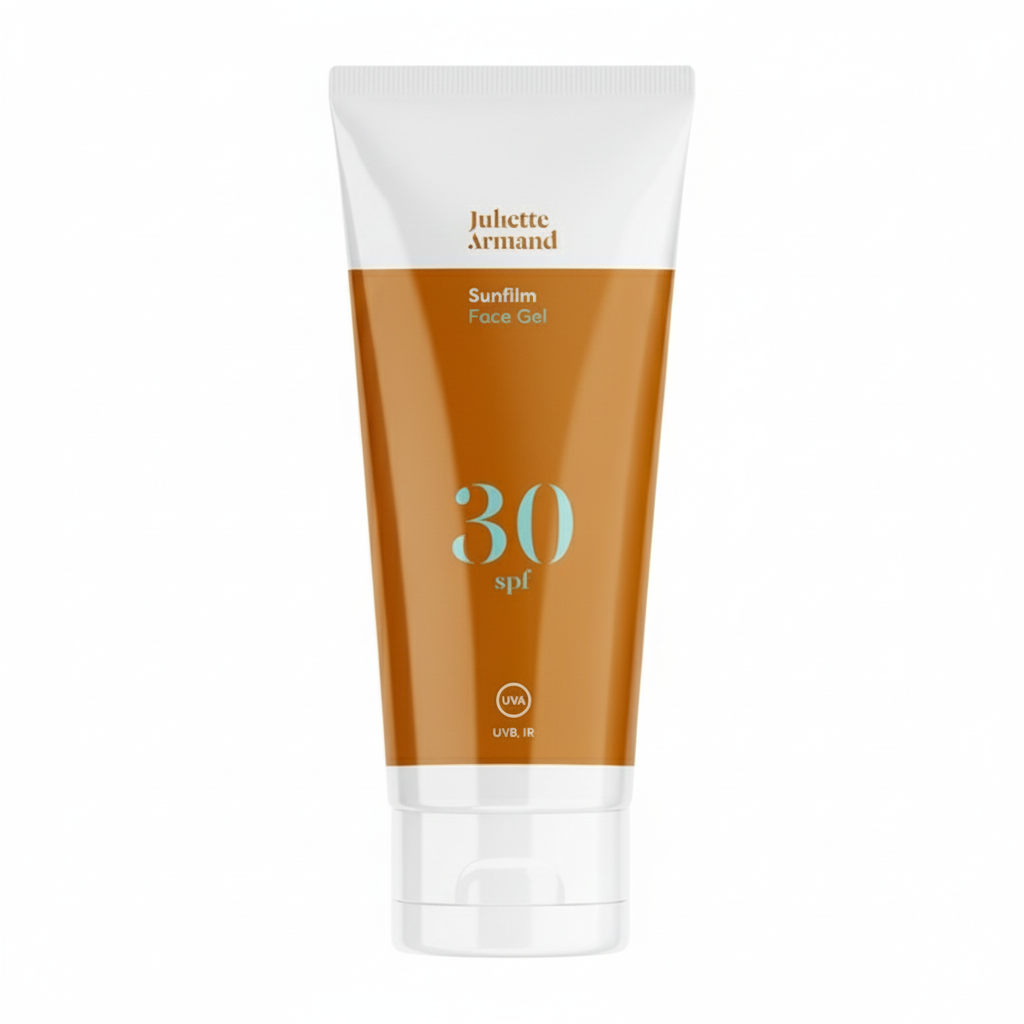 Tube of Juliette Armand Sunfilm Face Gel SPF 30 on a white background