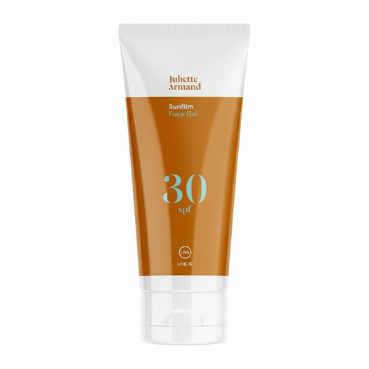 Tube of Juliette Armand Sunfilm Face Gel SPF 30 on a white background