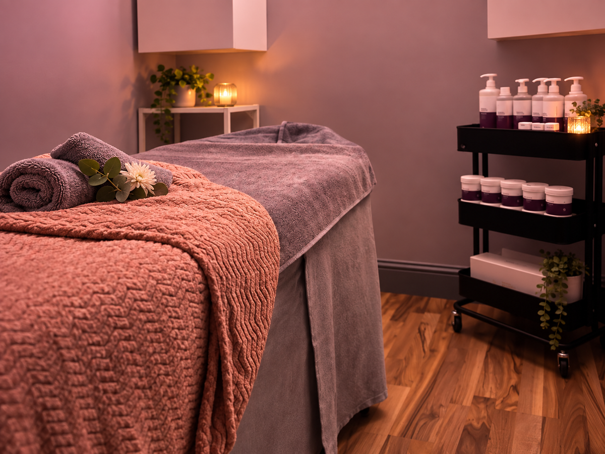 A spa treatment room scene with a massage table covered in a gray towel, draped with a textured terracotta blanket, and styled with rolled towels, a white flower, candles, and a black rolling cart holding skincare bottles and jars against mauve walls and wood flooring.