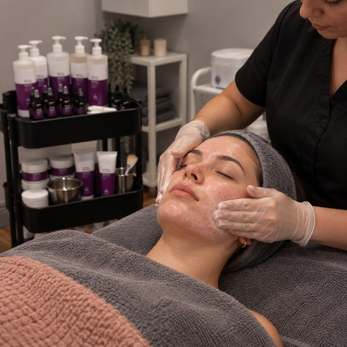 A woman receives a facial treatment while wearing a gray towel wrap, with a spa therapist in black scrubs gently cleansing her face. A black rolling cart stocked with skincare bottles and jars is visible in the background of the spa room.