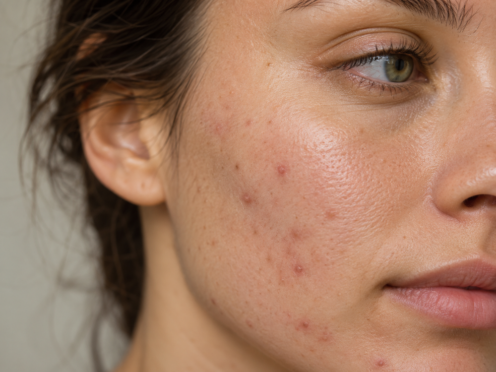 Close-up of a woman's face showing acne blemishes on her cheek, with her ear, eye, and lips visible against a plain light background.