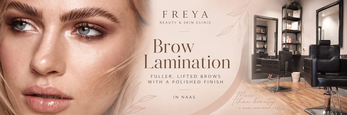Promotional banner for Freya Beauty & Skin Clinic Brow Lamination, featuring a close-up of a woman's face on the left, the clinic interior on the right, and text reading 'Brow Lamination' and 'IN NAAS'.