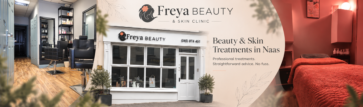 Promotional banner for Freya Beauty & Skin Clinic, showing a storefront view, an interior treatment room with black chairs, and a bedroom-style treatment area with red bedding, alongside the clinic name and text reading 'Beauty & Skin Treatments in Naas'.