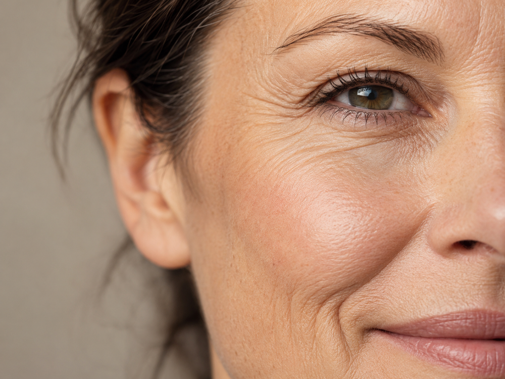 Close-up of a woman's face showing natural skin texture, wrinkles, and fine lines around her eye and mouth, with her ear visible on the left against a neutral gray background.