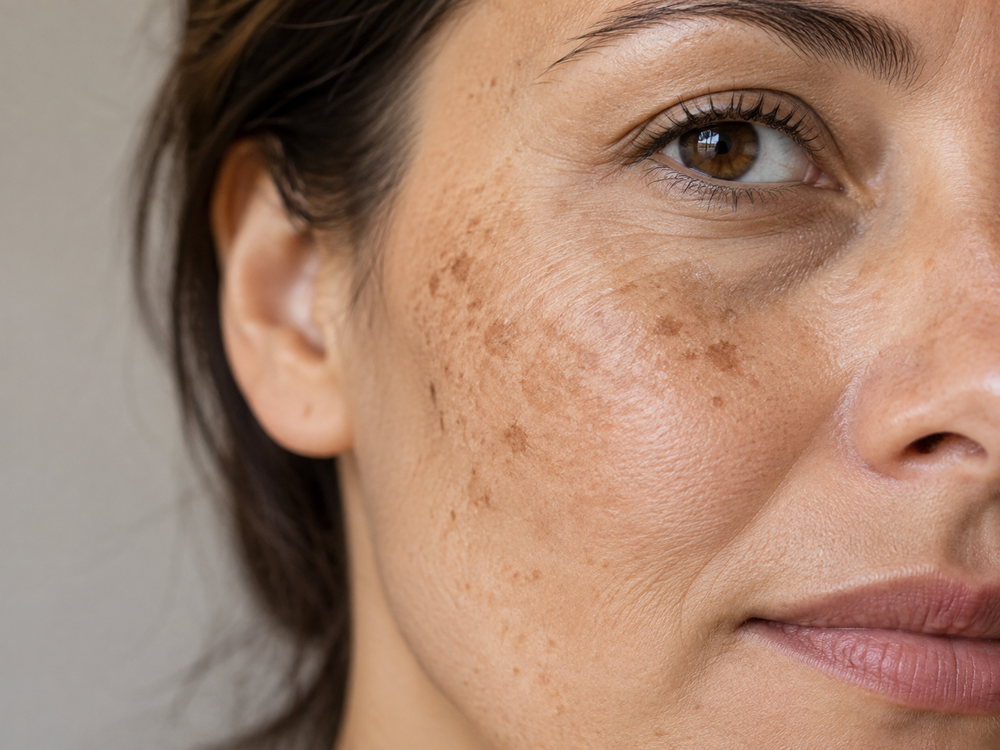 Close-up of a woman's face showing freckles and sun spots on her cheek, with her ear and eye visible against a neutral light gray background.