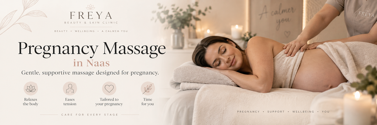 A promotional banner for Freya Pregnancy Massage in Naas, showing a woman receiving a massage on a bed with a therapist's hand visible. The left side features text and icons describing the gentle, supportive massage designed for pregnancy.