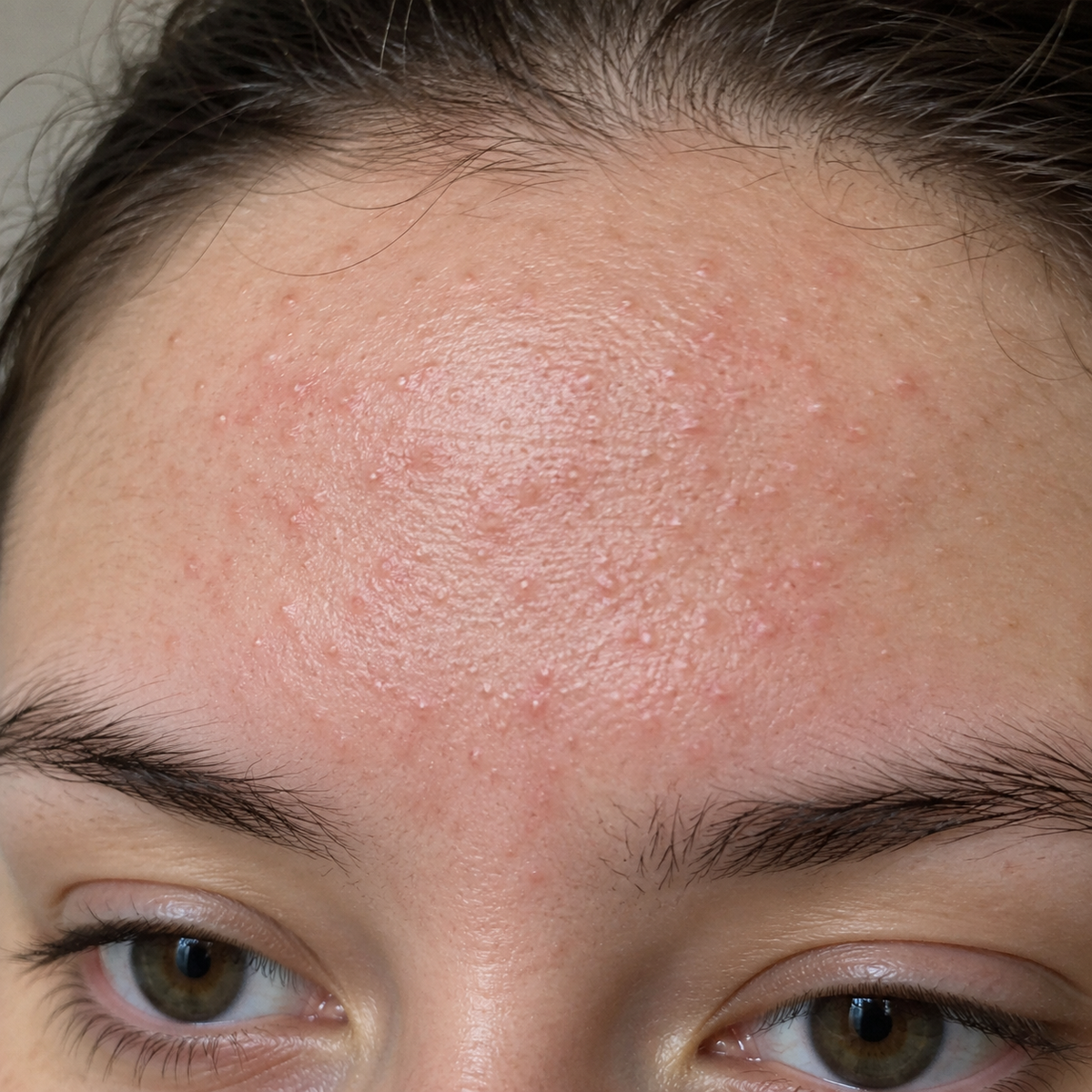 Close-up of a person's forehead showing active acne blemishes and redness, with eyebrows, eyes, and hair visible.