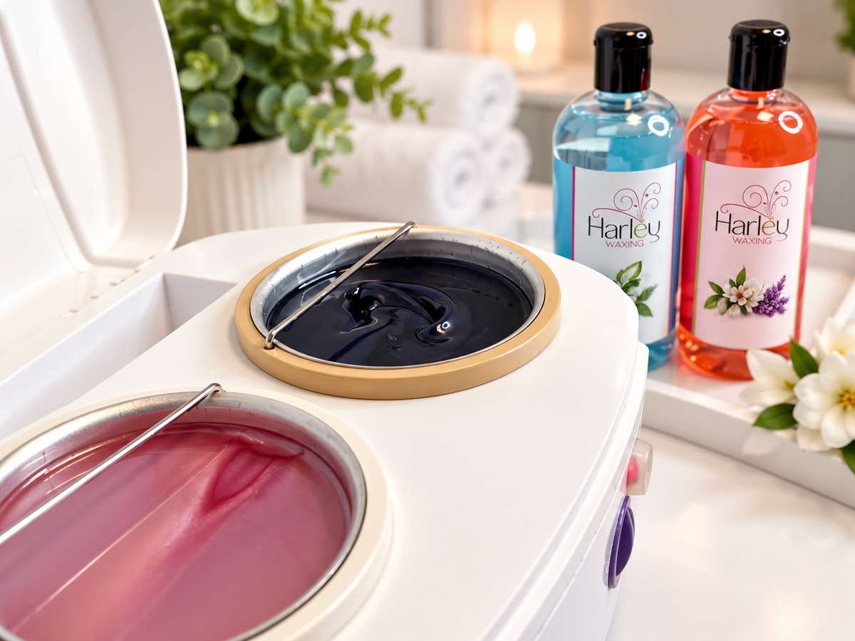 A close-up of a white waxing machine with two metal wax pools, one filled with dark navy wax and the other with pink wax. Two bottles of Harley Waxing solutions, one blue and one orange, are visible in the background on a tray with decorative white flowers.