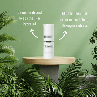 DMK Contraderm bottle on a wooden stand with botanical greenery and product information