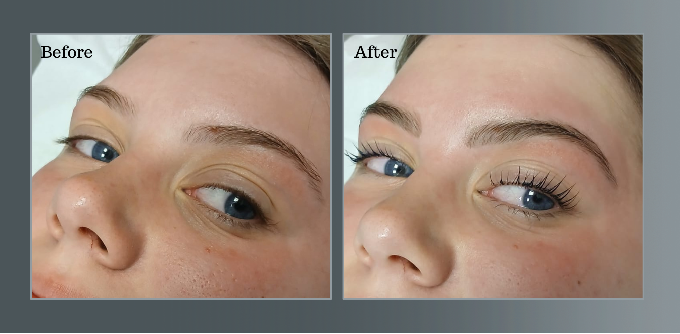 Before and after comparison of eye makeup application with 'Lvl Lash eye combo' text.