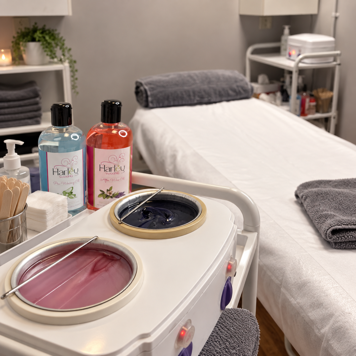 A close-up of a white wax warmer with two circular melting pots, one filled with pink wax and the other with dark wax, set in a spa or beauty treatment room next to a treatment bed. Several bottles of 'Flower' branded hair and skin care products are lined up on a tray in the foreground.