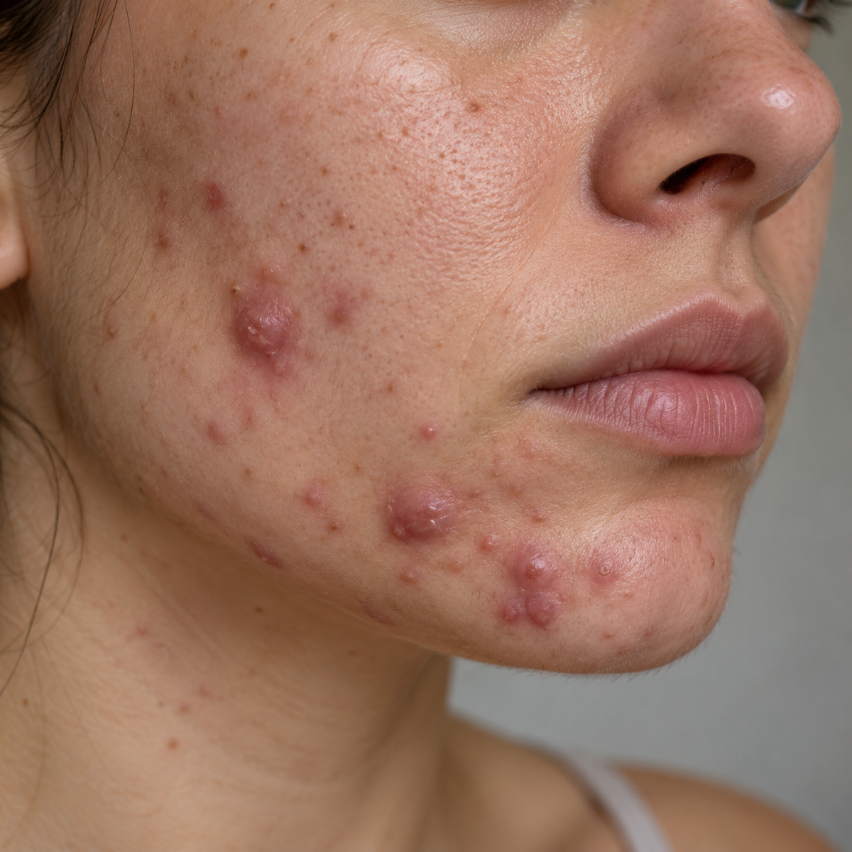 Close-up of a person's lower face showing severe acne, pustules, and blemishes on the cheek, jawline, and chin.