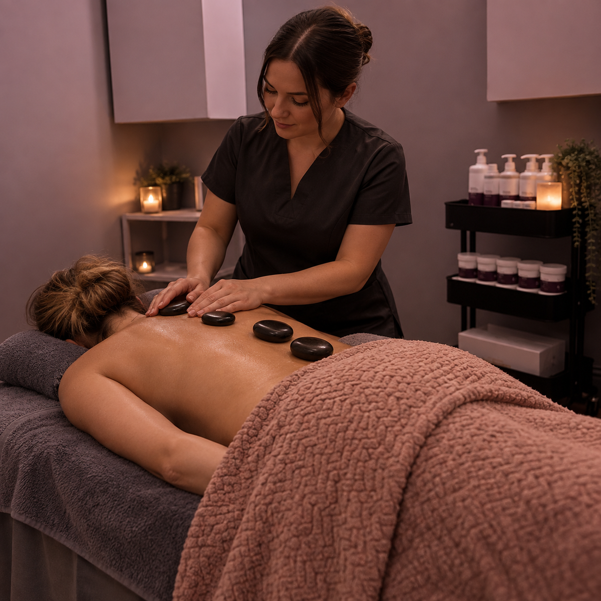 A woman receives a hot stone massage on her back in a spa setting, with black stones placed along her spine and a textured mauve blanket covering her lower body. A massage therapist in dark gray scrubs attends to her.