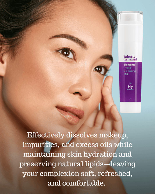 Woman applying skincare product with text about its benefits