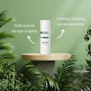 DMK Fine Line bottle on a wooden stand with botanical greenery and product information