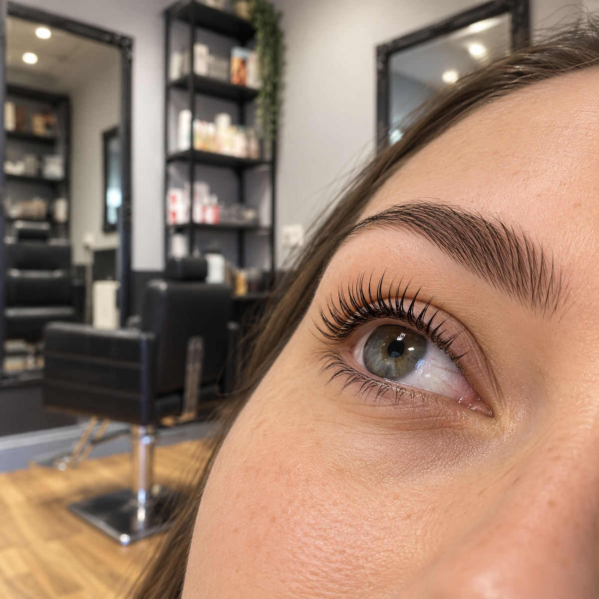 Close-up of a person's eye wearing long, dark, curled eyelashes in a salon setting with a chair and shelves in the background.