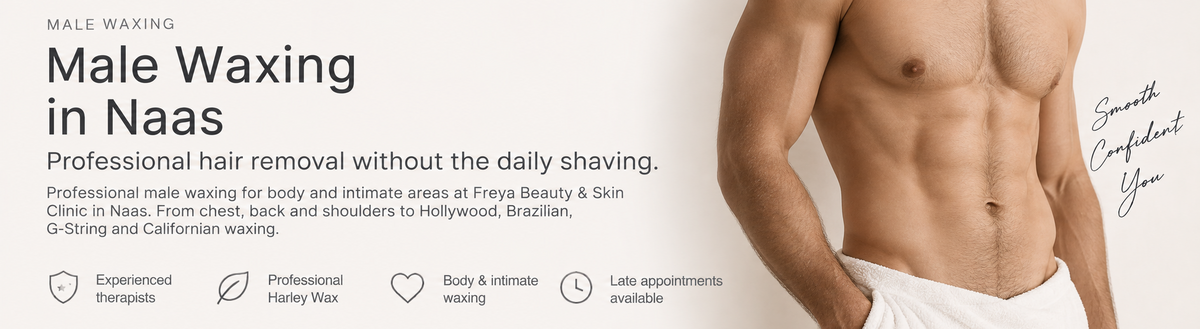 Promotional banner for male grooming in Naas, featuring a cropped photo of a muscular man's torso on the right and text on the left that reads 'Male Waxing in Naas' and 'Professional hair removal without the daily shaving.' Small icons along the bottom mention experienced therapists, professional hair waxing, body and intimate area waxing, and late appointments available.
