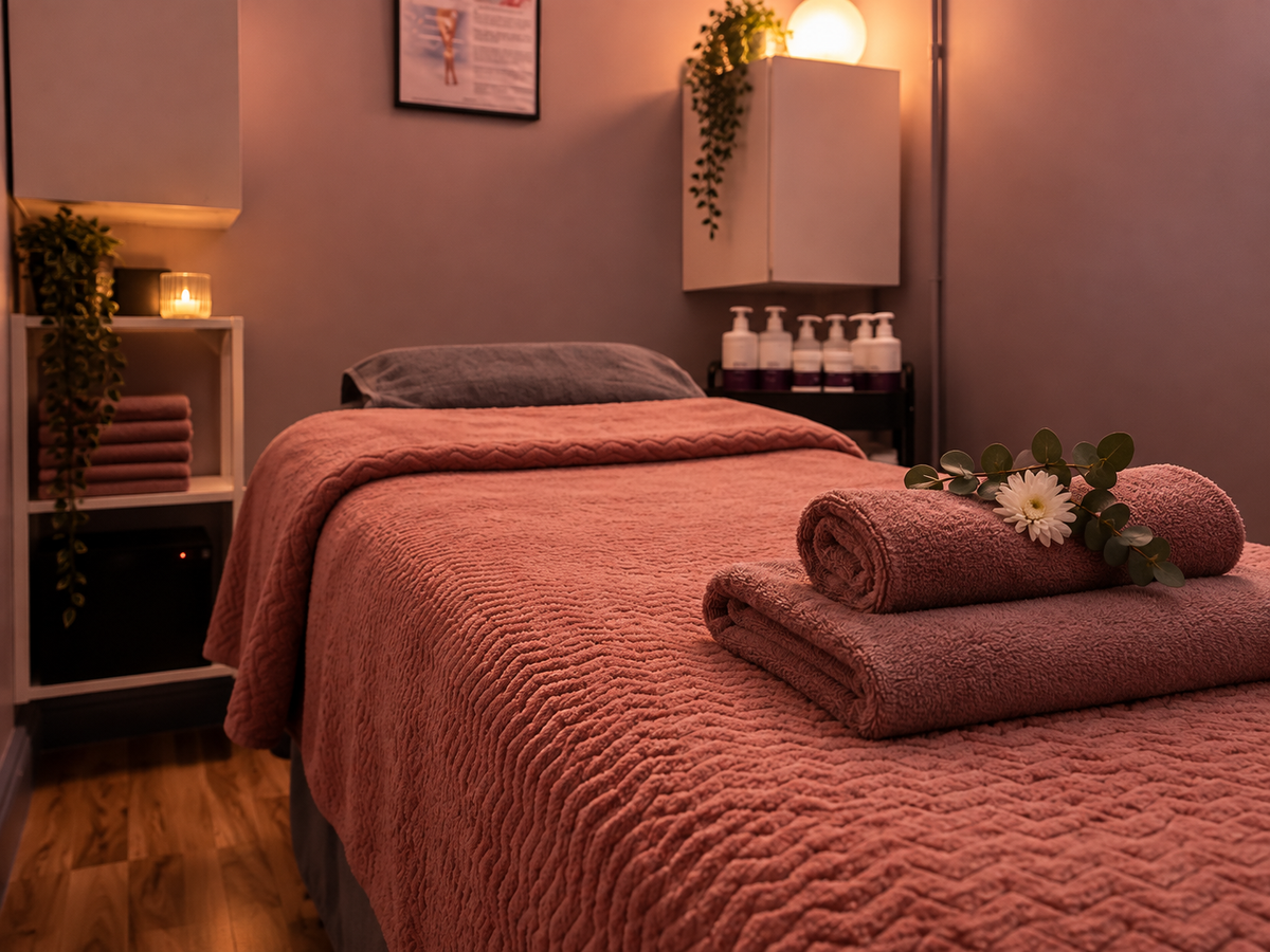 A massage or spa treatment bed in a warm, dimly lit room, dressed with a textured dusty rose blanket and matching towel, accented with white flowers.