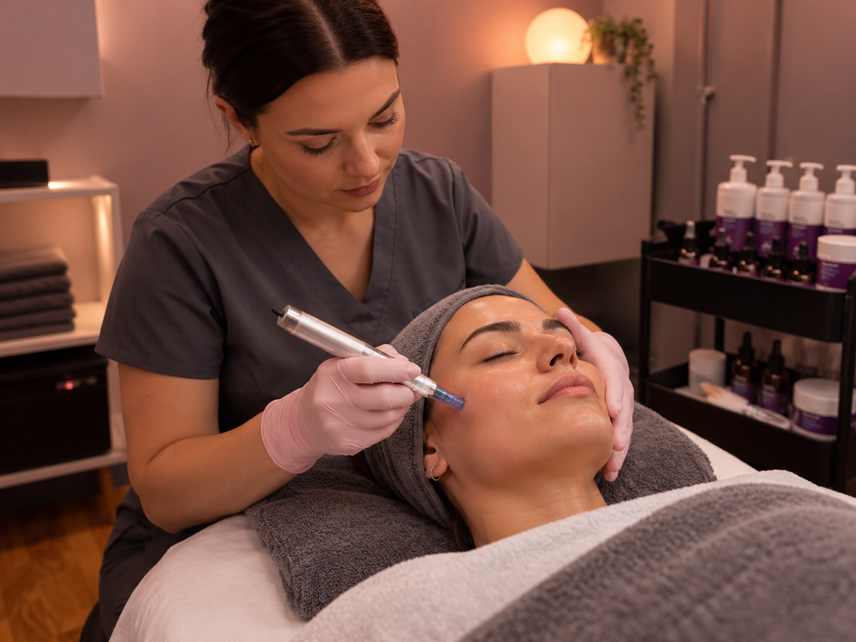 A beauty therapist applies a cosmetic treatment to a client's face in a spa setting. The therapist, wearing dark gray scrubs and pink gloves, holds a silver-handled device with a blue tip.