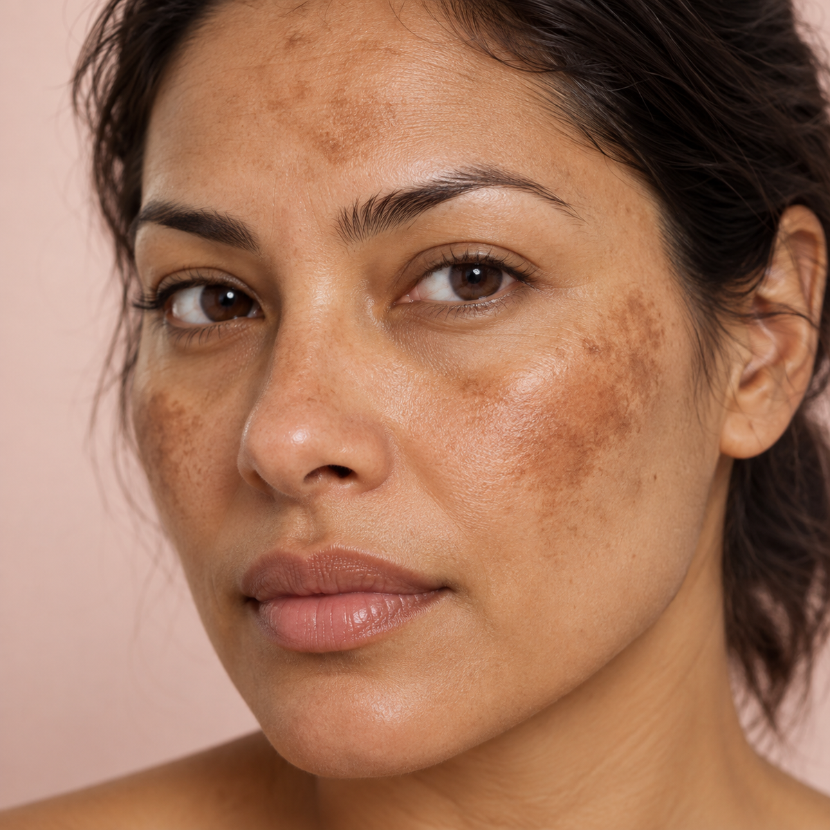 Close-up portrait of a woman with visible freckles and sun spots on her face against a soft pink background.