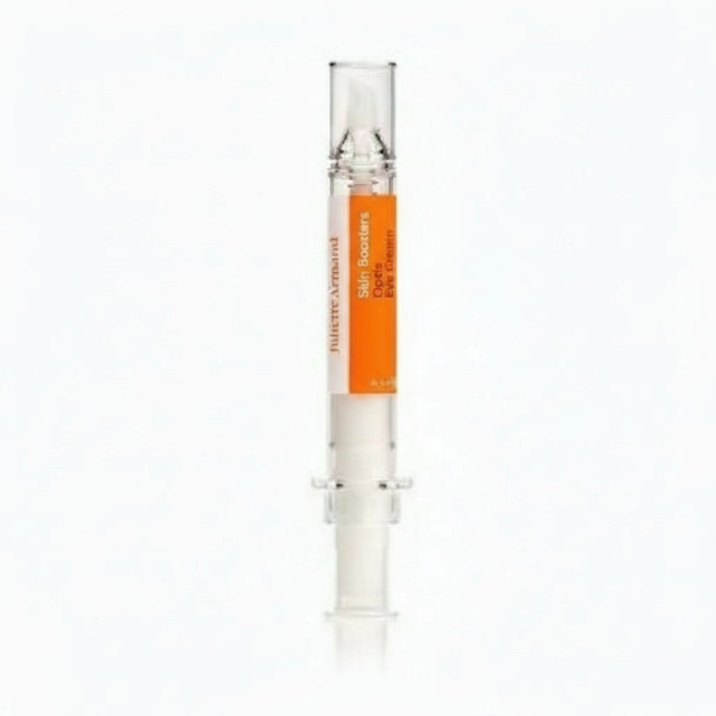 Skincare serum bottle with orange label on a white background