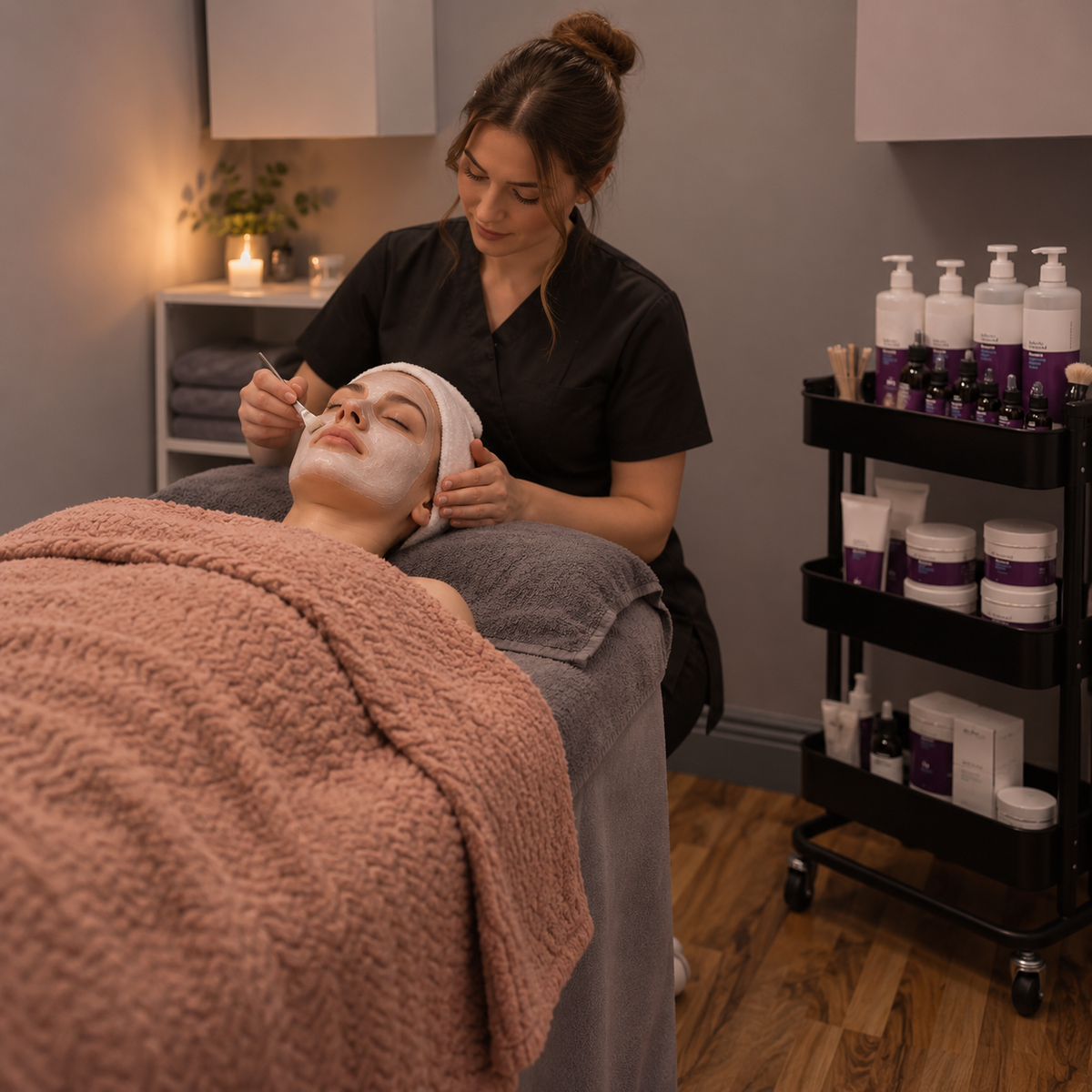 A spa treatment scene with a therapist applying a facial mask to a client lying on a treatment bed. The room has warm ambient lighting, a black rolling product cart with skincare bottles, and a soft pink blanket covering the client.