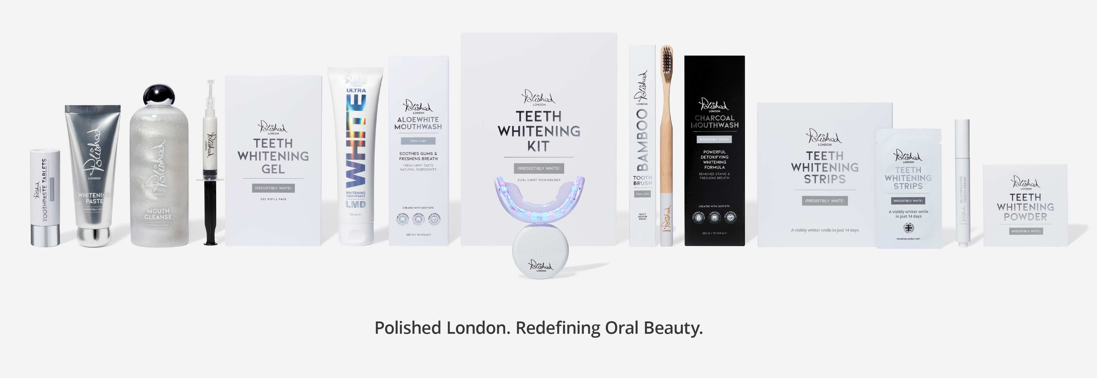 Collection of Polished London dental care products on a white background
