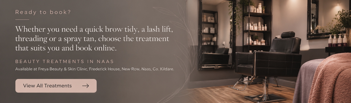 Promotional banner for NAAS Beauty Treatments featuring a spa treatment room with salon chairs, shelves, and a bed, alongside text offering quick brow tids, lash lifts, threading, and spray tan options.