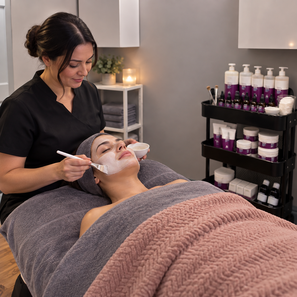 A spa treatment scene with a woman receiving a facial mask while a beautician applies cream to her face. The setting is a calm spa room with a treatment bed, shelves, and a product cart in the background.